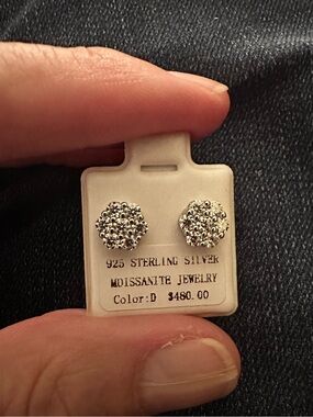 925 Sterling Silver Moissanite Cluster Stud Screwback Earrings. GRA cert.